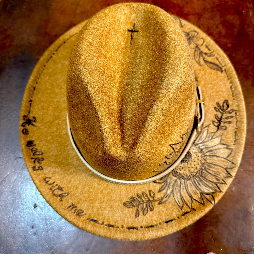 Burned felt fedora wide brim cowboy hat